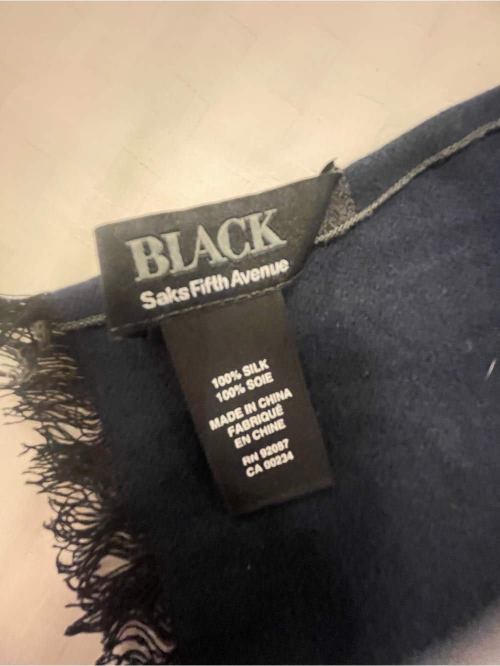 BLACK Saks Fifth Avenue 100% Silk Scarf Navy Grey Striped Frayed Edge